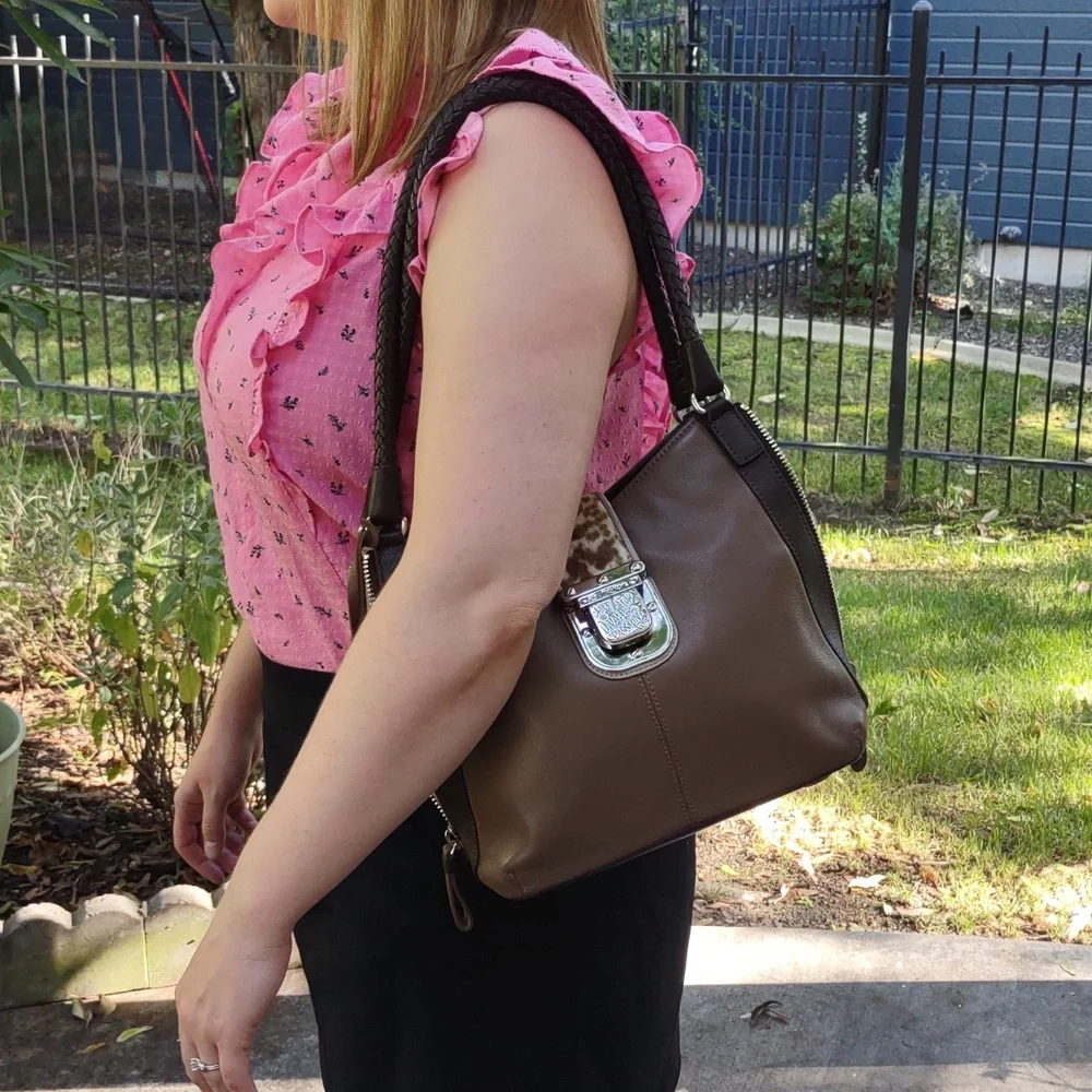 BRIGHTON | Leather Shoulder Bag With Leopard Print Calf Hair Detail
